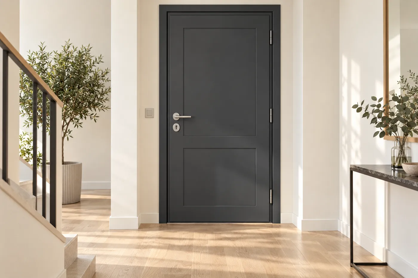 Porte d'entrée blindée gris anthracite avec poignée et cylindre neufs, sur un palier clair